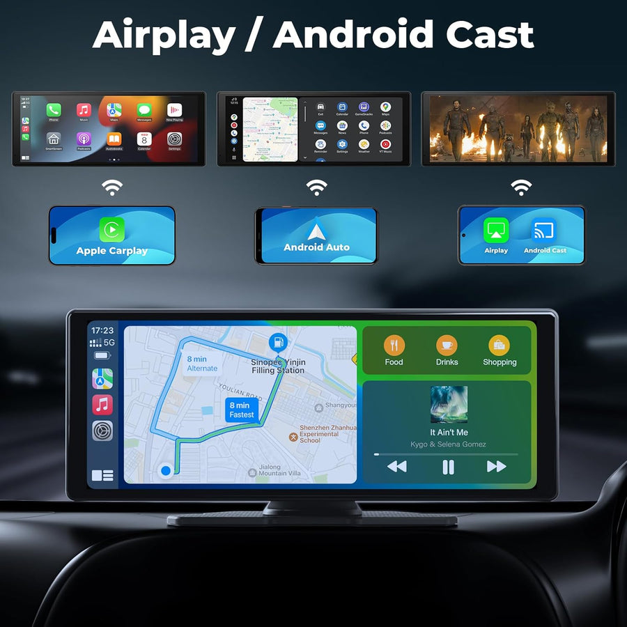 Autoradio sans fil Carplay et Android Auto écran tactile 10,26" : caméra de recul 1080p, Mirror Link, Siri, FM, Bluetooth – Navigation Drive Mate portable