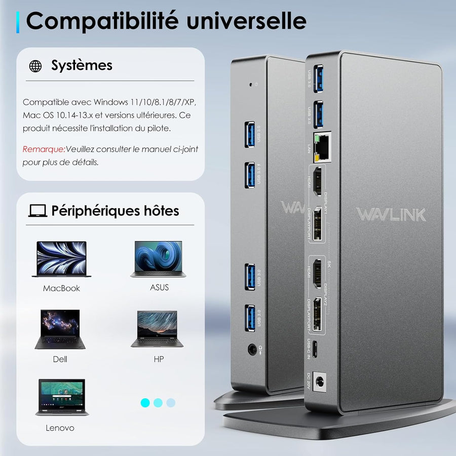 Station d'accueil Displaylink, Station d'accueil Universelle USB C avec 2 × HDMI & DP, Ethernet Gigabit, 6 × USB 3.0, Audio, Microphone, Compatible avec Mac OS et Windows