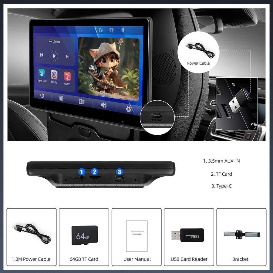Moniteur D'appuie-tête 10.1 Pouces avec Carplay sans Fil Android Auto, écran Tactile IPS HD Display avec Bluetooth Airplay Super Link Commande Vocale Transmission FM +Carte TF 64G