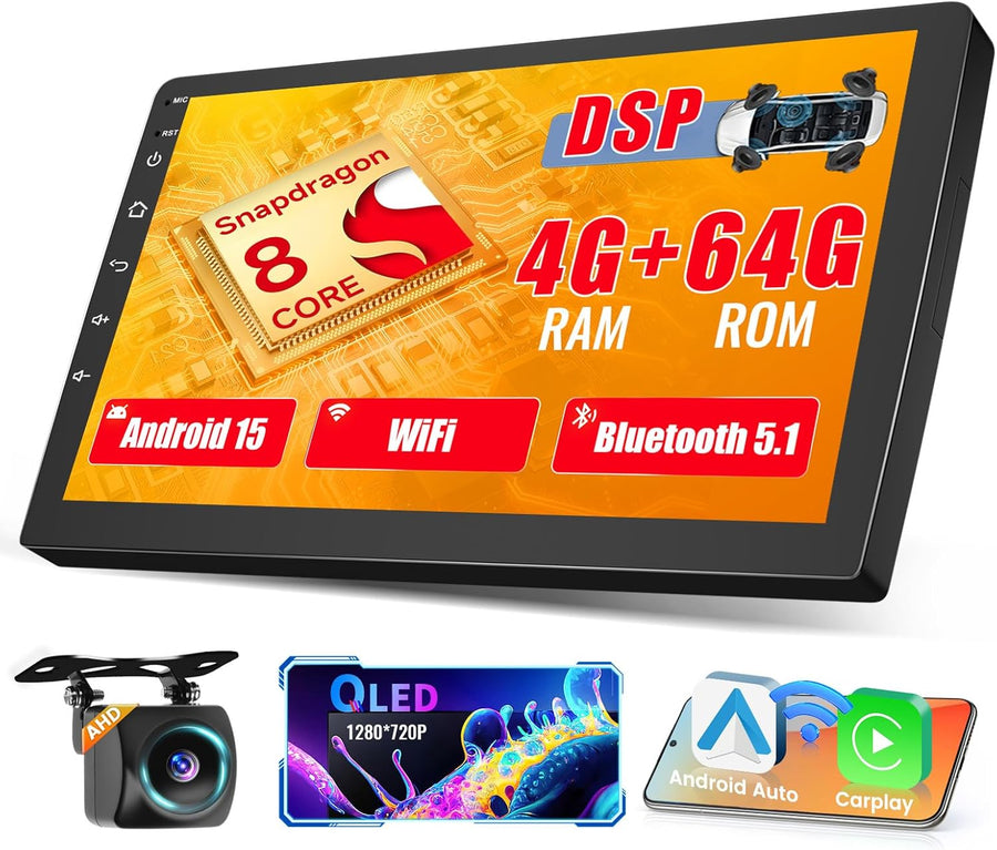 Autoradio 8Cores 4G+64G Android 15 2Din avec Carplay Android Auto sans Fil, Écran Tactile de 9" avec Modèle de Voiture 3D WiFi GPS BT FM/RDS DSP SWC Caméra de Recul MIC