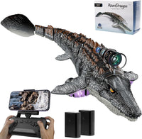 Mosasaure Télécommandé Jouet avec Caméra, lumière LED et Fonction de Pulvérisation d'eau, Application, Jeux d'eau Rechargeable