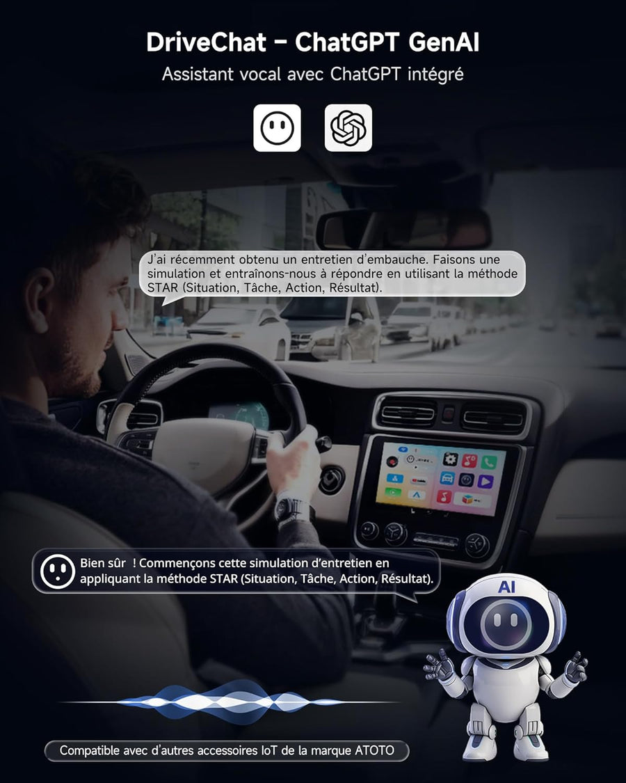 Boîtier CarPlay IA – CarPlay/Android Auto sans Fil, boîtier Voiture Streaming, Wi-FI/Bluetooth Doubles, Sortie HDMI, Lecture Via USB, Assistant IA, prêt à l'emploi, OTA, avec OBD II