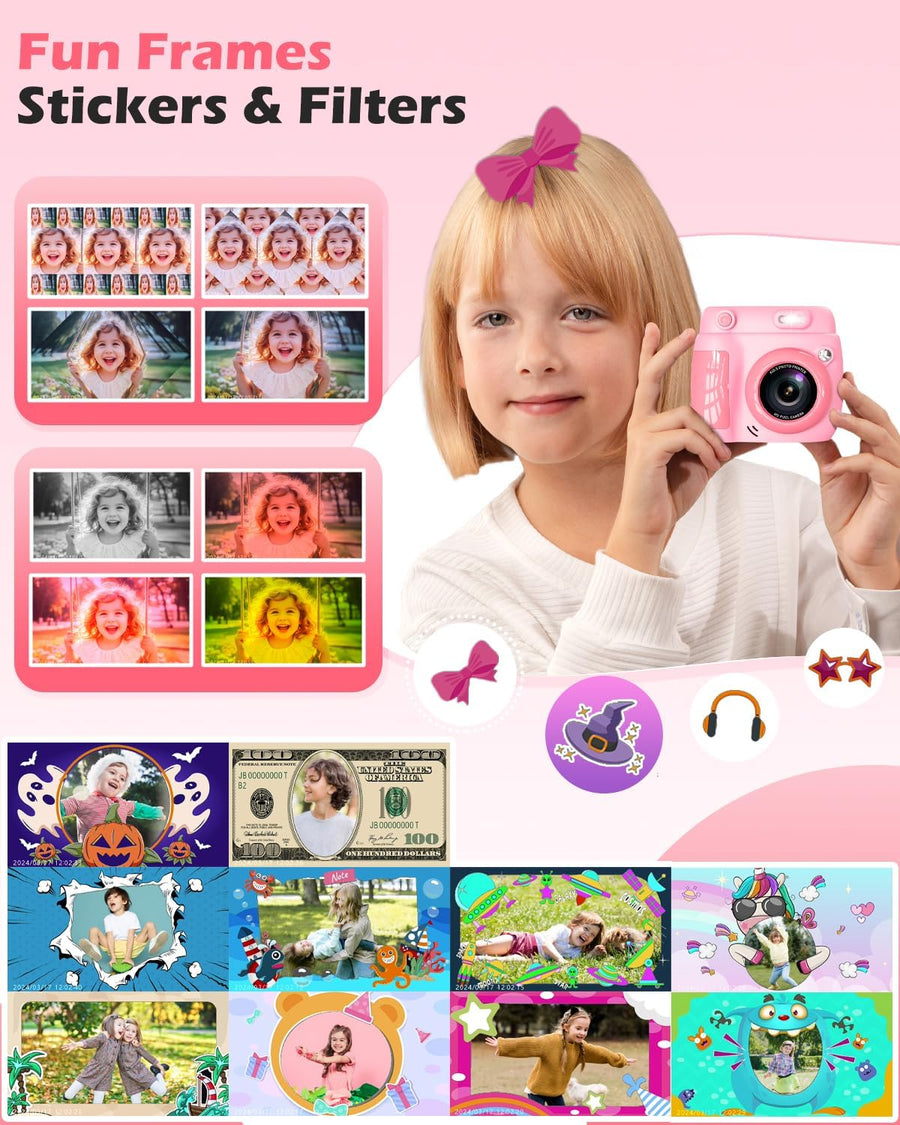 Appareil Photo Instantané Enfant – Cadeau Noël & Anniversaire pour Garçons Filles 3-10 Ans, Jouet Éducatif avec Vidéo 1080P, 20MP, 3 Rouleaux Papier & Carte Mémoire 32GB