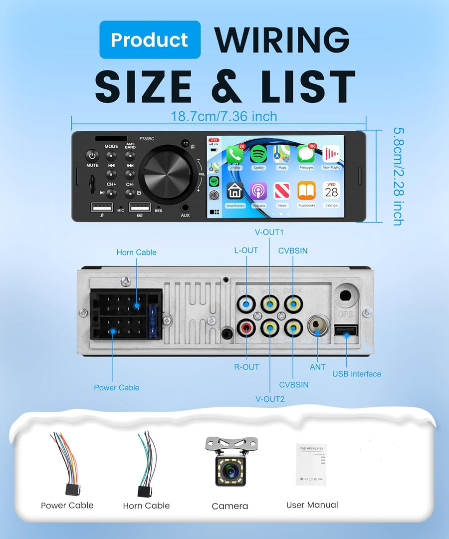 Autoradio Carplay 1 Din avec Android Auto iOS/Android Mirror Link 4 Pouces Écran Tactile Autoradio avec Bluetooth FM/RDS Radio USB/AUX/EQ/DVR Commande au Volant Caméra de Recul