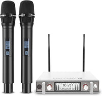 Kit Micro sans Fil UHF Modèle K120 avec 2 Micro Dynamiques en Métal Auto Scan Portée 120m Récepteur Double Canal Idéal pour Chant, Karaoke, Fête BLANC