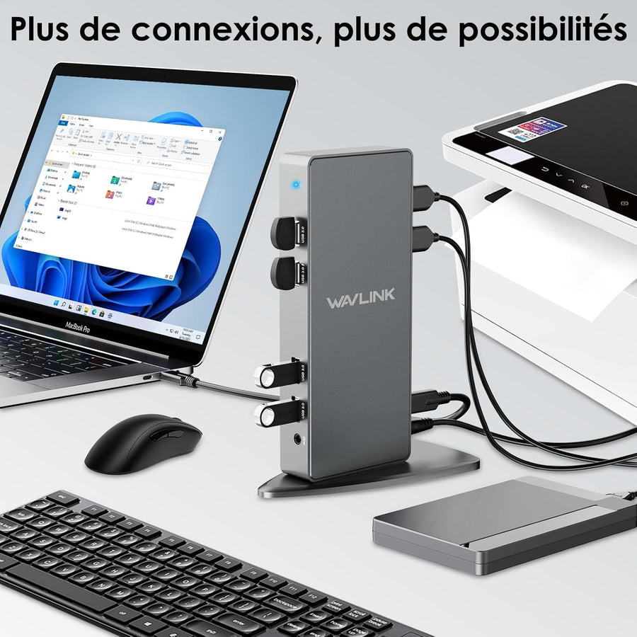 Station d'accueil Displaylink, Station d'accueil Universelle USB C avec 2 × HDMI & DP, Ethernet Gigabit, 6 × USB 3.0, Audio, Microphone, Compatible avec Mac OS et Windows