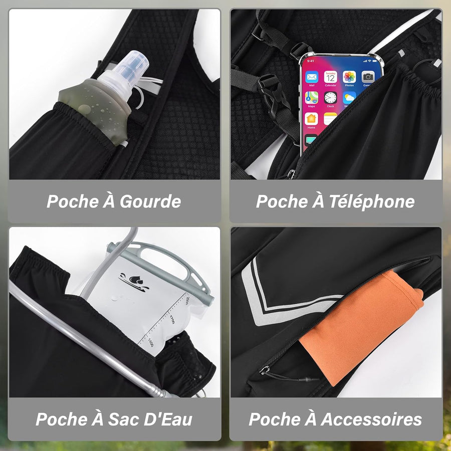 Sac Hydratation Running, Gilet Hydratation Running Femme Homme, Gilet Trail Sac à Dos Léger et Respirant Taille Réglable