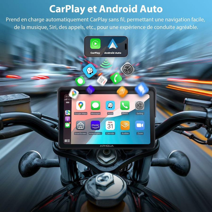 Écran CarPlay sans Fil pour Moto actile Étanche De 7", Portable CarPlay Et Android Auto pour Moto, Prend en Charge Bluetooth Trans, Navigation GPS