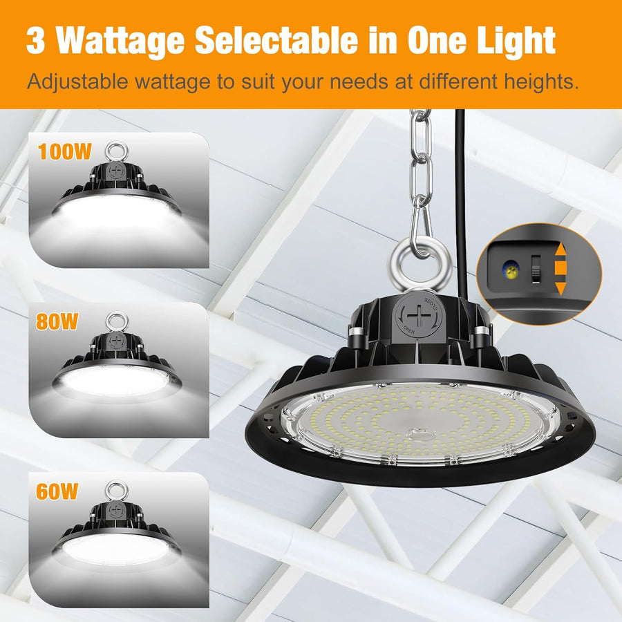 UFO 100W Éclairage LED Garage Projecteur 17000LM Réglable 60W/80W/100W LED High Bay Lampe IP65 Étanche Plafond 120° pour Garage Atelier Entrepôt