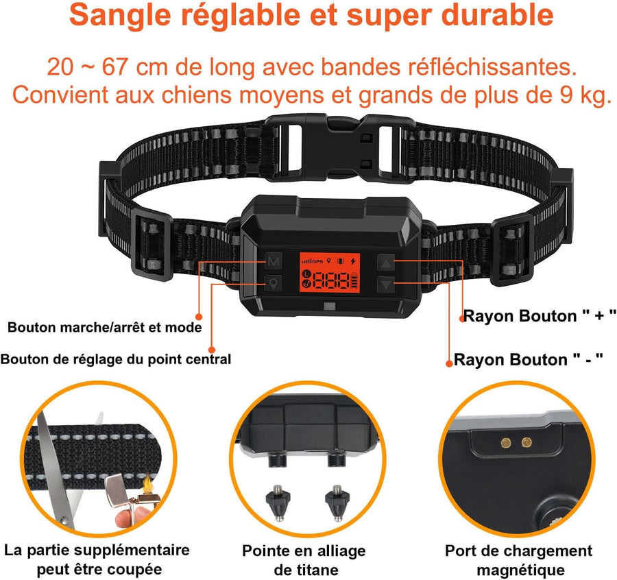 Clôture GPS sans Fil pour Chiens, pour Grands Espaces Ouverts et Utilisation en Extérieur, Étanche Précise Électrique Système Clôture Collier avec la Nouvelle Puce Signal GPS, Rayon 30-916m