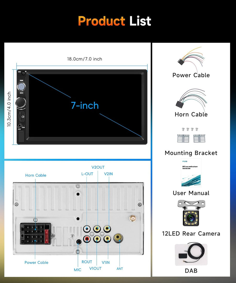 Autoradio CarPlay sans Fil Dab/Dab+ Android Auto, Radio FM 1 Din, écran Tactile IPS 7", égaliseur, USB/TF/AUX, autoradio Bluetooth avec caméra de recul/Commande au Volant