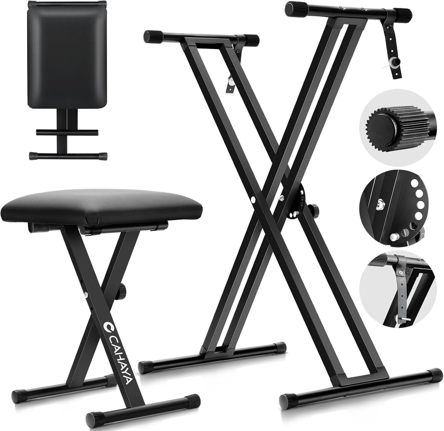 Support de clavier et banc de clavier - 6 niveaux réglables en hauteur - Double X-Frame - Pour clavier de 61, 76 et 88 touches - Charge maximale : 168 kg
