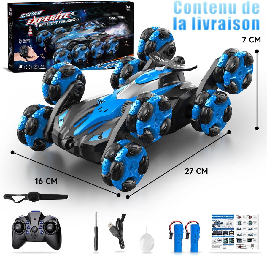 Voiture Télécommandée 1:16-8 Roues Voiture Telecommandé - 2,4 GHz - Cascadeur 360° & Spray LED - avec Télécommande et Contrôle Gestuel