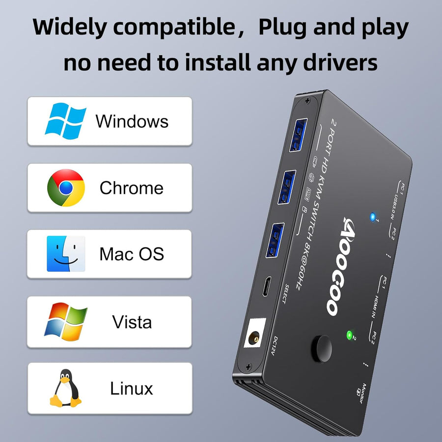 Commutateur KVM 2 ordinateurs 1 moniteur 8K à 60 Hz/4K à 120 Hz Commutateurs KVM HDMI Télécommande filaire, alimentation et câble USB 3.0 inclus