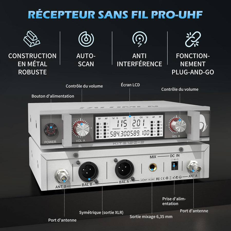 Kit Micro sans Fil UHF Modèle K120 avec 2 Micro Dynamiques en Métal Auto Scan Portée 120m Récepteur Double Canal Idéal pour Chant, Karaoke, Fête BLANC