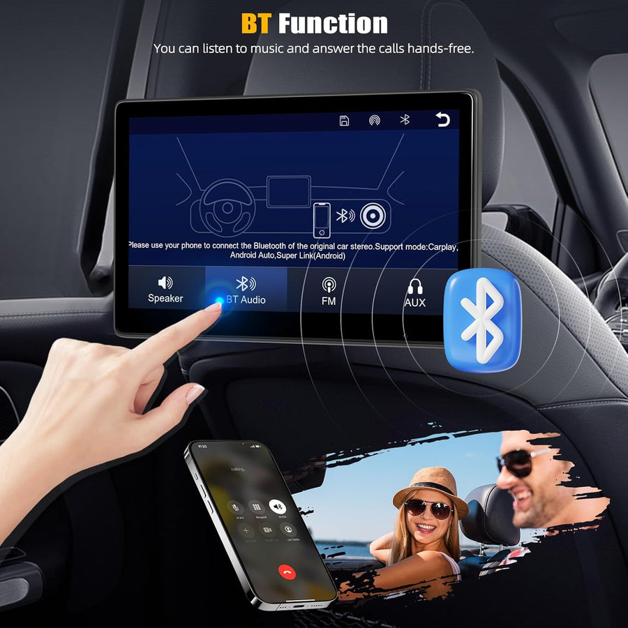 Moniteur D'appuie-tête 10.1 Pouces avec Carplay sans Fil Android Auto, écran Tactile IPS HD Display avec Bluetooth Airplay Super Link Commande Vocale Transmission FM +Carte TF 64G