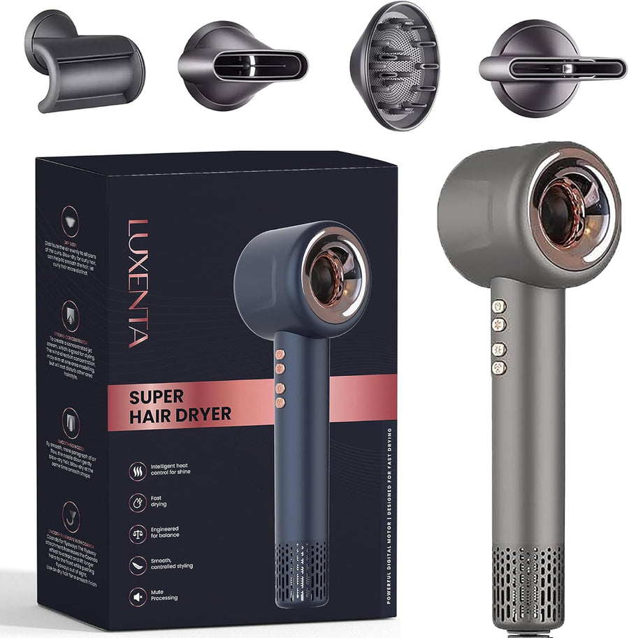 Sèche-cheveux ionique compact et puissant avec diffuseur pour boucles, air froid, brushing et coiffure professionnelle - Silencieux, léger, multifonction Accessoires inclus BLEU