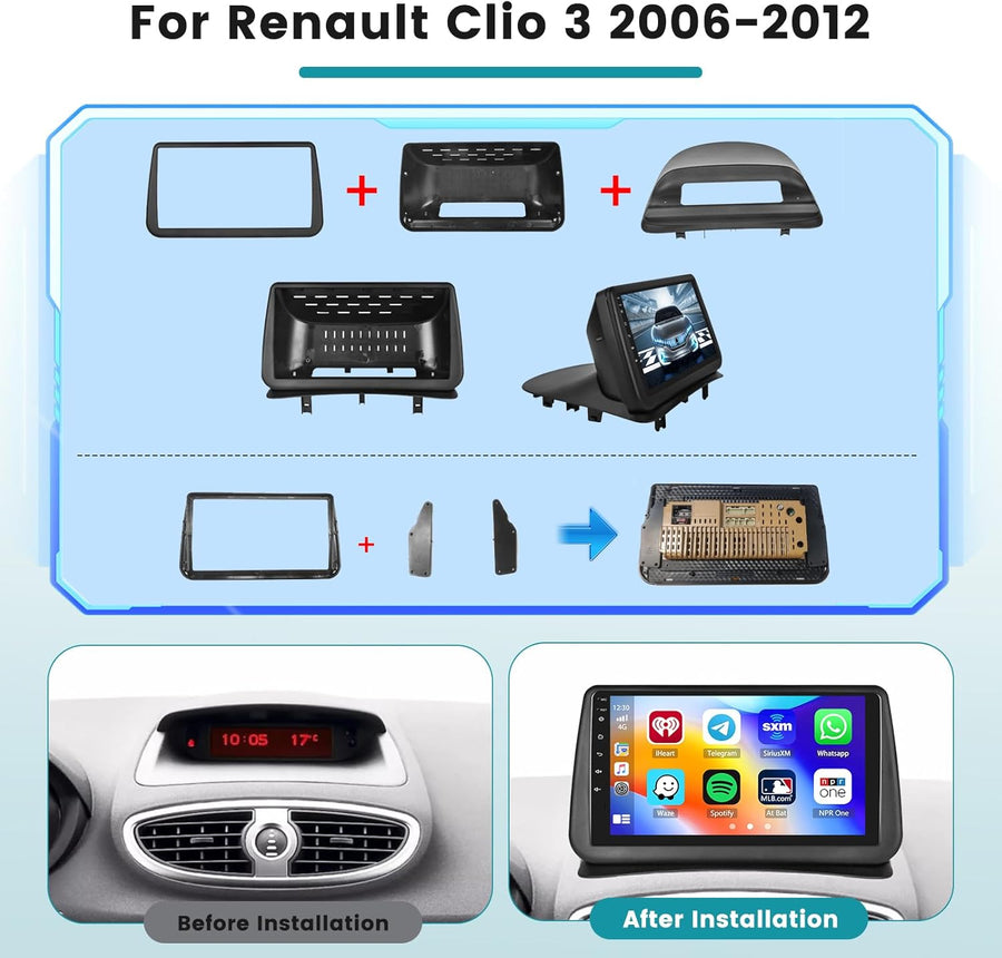 Autoradio 2G+64G pour Renault Clio 3 2005-2014 avec Carplay Android Auto, 9 Pouces Écran Tactile Android 15 Radio avec Lien Miroir FM/RDS EQ WiFi Bluetooth GPS SWC Caméra