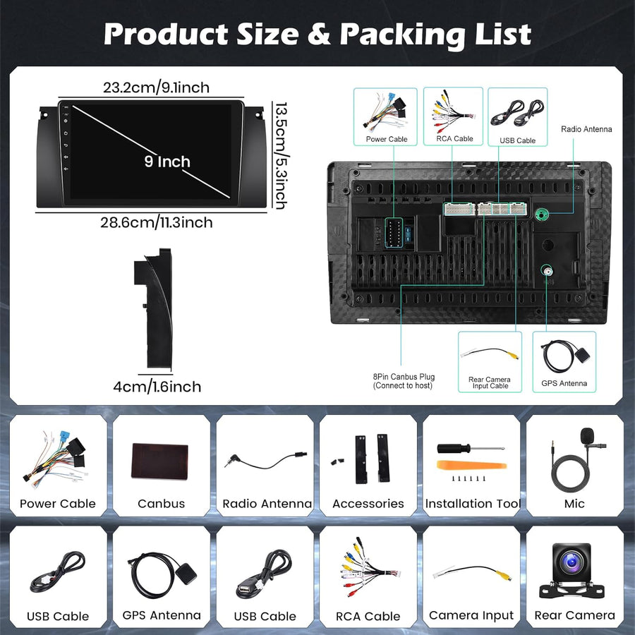 Autoradio 4G+64G Android 15 pour BMW Série 5 (X5 / E39 / M5 / E53) 1996-2003 avec écran Tactile de 9 Pouces, Radio 2 DIN avec sans Fil Carplay Android Auto Radio FM/RDS BT GPS WiFi + Caméra+MIC