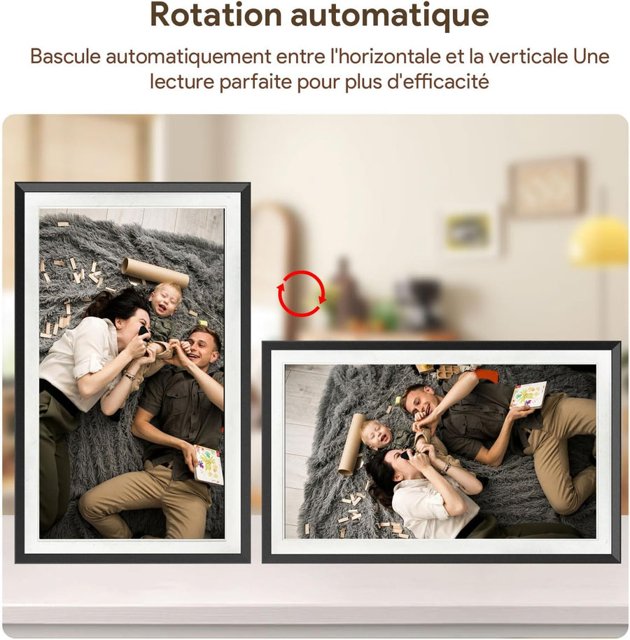 Cadre photo numérique WiFi de 15,6 pouces, cadre photo numérique intelligent, grande capacité de 32 Go, écran tactile HD IPS, rotation automatique, partagez des photos/vidéos instantanément