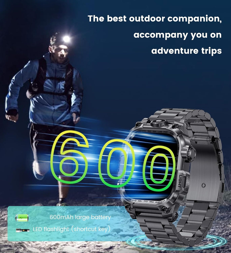 Montre Connectée Homme 2.01'' HD Smartwatch Militaire avec Appels Bluetooth Torche LED 650mAh 150+ Mode Sportifs Surveiller Cardio Podometre Sommeil, Fitness Tracker pour iOS Android