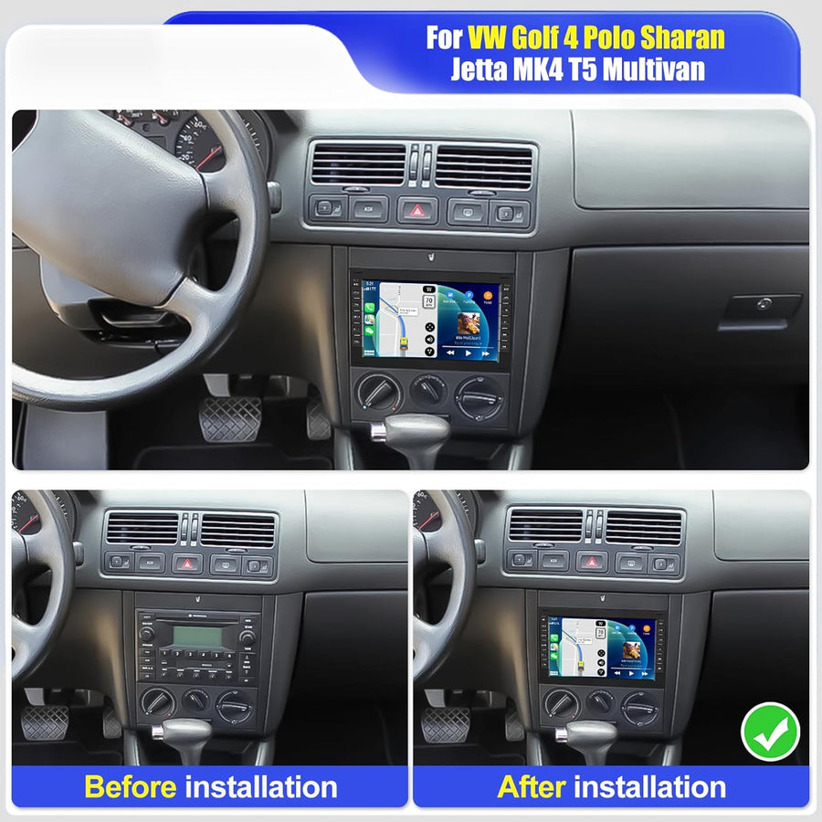 Autoradio 2G+64G 7“ Radio pour VW Golf 4 Polo Sharan Jetta MK4 T5 Multivan avec Carplay sans Fil Android Auto Bluetooth Autoradio avec Caméra de Recul WiFi GPS FM/RDS Mirror Link SWC +Canbus
