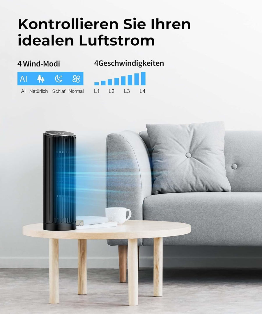 Ventilateur de table 7m/s avec Télécommande Oscillante à 70° 4 vitesses, 4 modes, minuterie de 12 heures