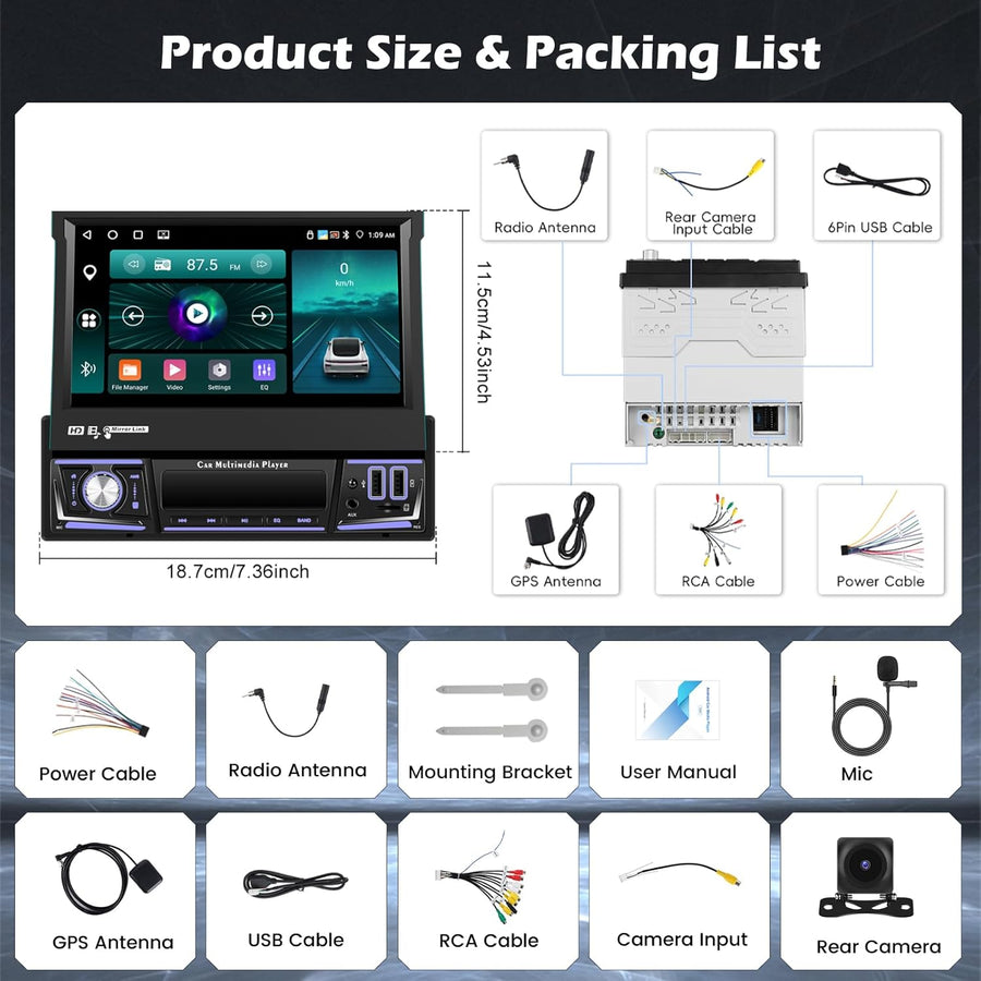 Autoradio 1DIN 4G+64G Android 15 avec écran Rétractable de 7 Pouces, écran Tactile IPS avec CarPlay sans Fil Android Auto GPS WiFi AI DSP FM/RDS Radio USB BT Caméra de Recul + MIC