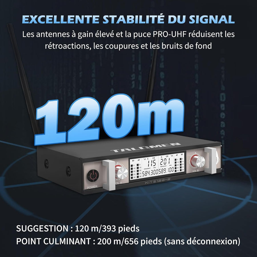 Micro sans Fil UHF, Set de 2 Microphones à Main Dynamiques en Métal, Auto Scan, Portée 120 m, Récepteur Double Canal, Idéal pour Chant, Karaoke, Fête, DJ, Église – K120 NOIR