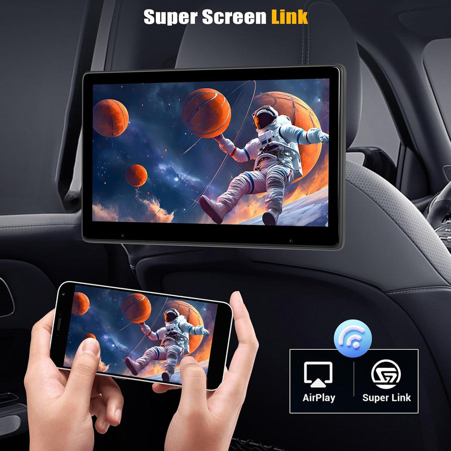Moniteur D'appuie-tête 10.1 Pouces avec Carplay sans Fil Android Auto, écran Tactile IPS HD Display avec Bluetooth Airplay Super Link Commande Vocale Transmission FM +Carte TF 64G