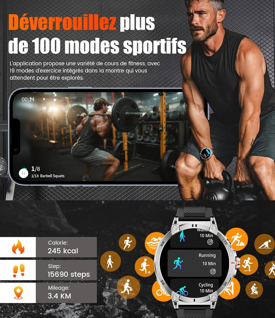 LIGE Montre Connectée Homme avec LED Lampe/1,85'' HD Écran/800mAh, Smartwatch Homme avec Appel Bluetooth,IP68 Étanche 111 Modes Sportifs/Fréquence Cardiaque/SpO2/Suivi du Sommeil Android iOS