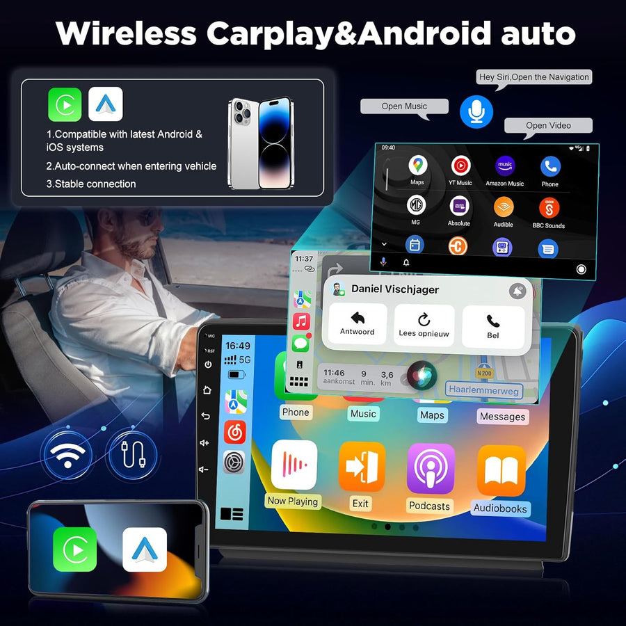 Autoradio Android pour Toyota Aygo/Peugeot 107 / Citroen C1 2005–2014, Écran Tactile 10 Pouces, CarPlay & Android Auto sans Fil, NaviGPS, WiFi, DSP, Compatible Caméra AHD/OBD/Dab
