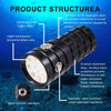 Lampe de poche sous-marine étanche IP68, lumière vidéo de plongée, large faisceau de 120 degrés avec lumière blanche, bleue et rouge, 13 000 lumens puissante lampe de plongée rechargeable