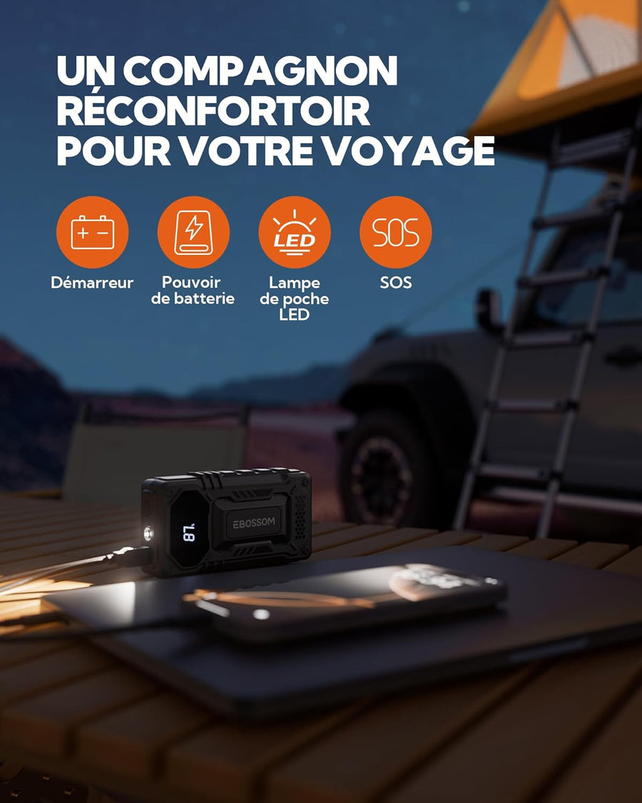 Booster Batterie Voiture, 12000mAh Démarreur de Voiture et Moto Portable, 12V Jump Starter avec Câbles de Démarrage Intelligents, Lumière LED Kit d'urgence pour Véhicules Chargeur de Secours
