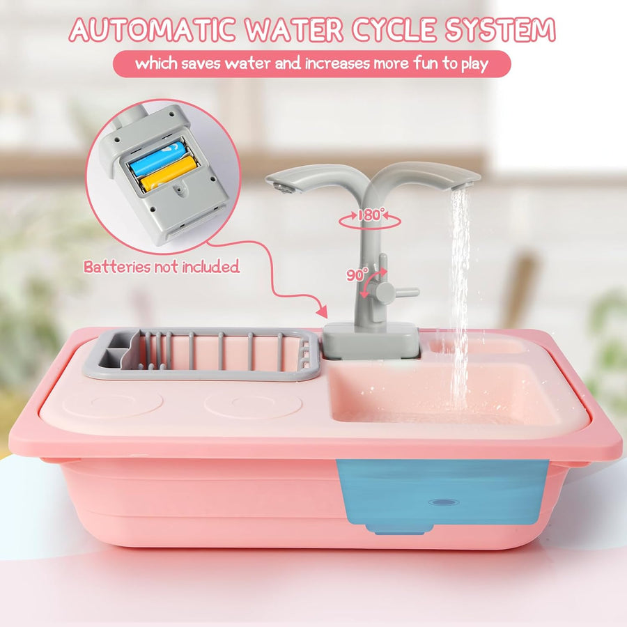 Jouets d'Évier De Cuisine avec Eau Courante, Couleurs Changeantes Vaisselle, Recyclage de l'eau ROSE