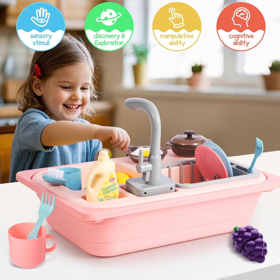 Jouets d'Évier De Cuisine avec Eau Courante, Couleurs Changeantes Vaisselle, Recyclage de l'eau ROSE