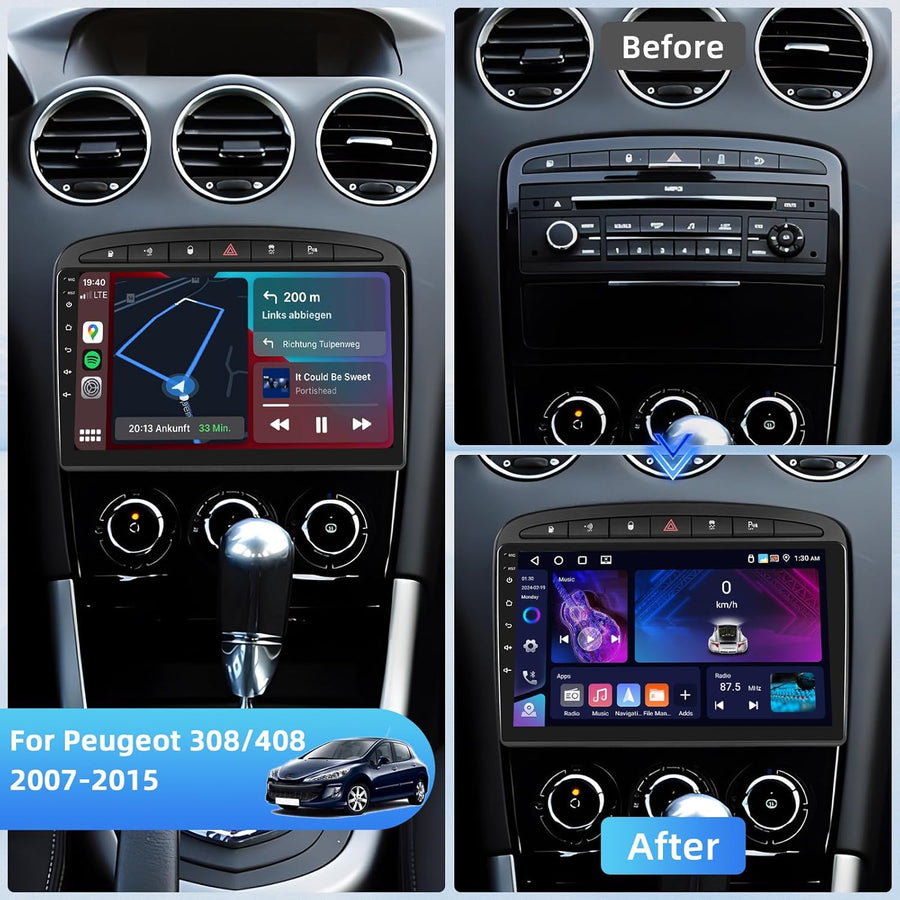 Autoradio Android 4G+64G pour Peugeot 308/408 2007-2015 avec Wireless Carplay&Android Auto, 9'' IPS Touch Screen Radio Voiture avec Bluetooth 5.0/GPS/Caméra de recul/FM/WiFi/SWC