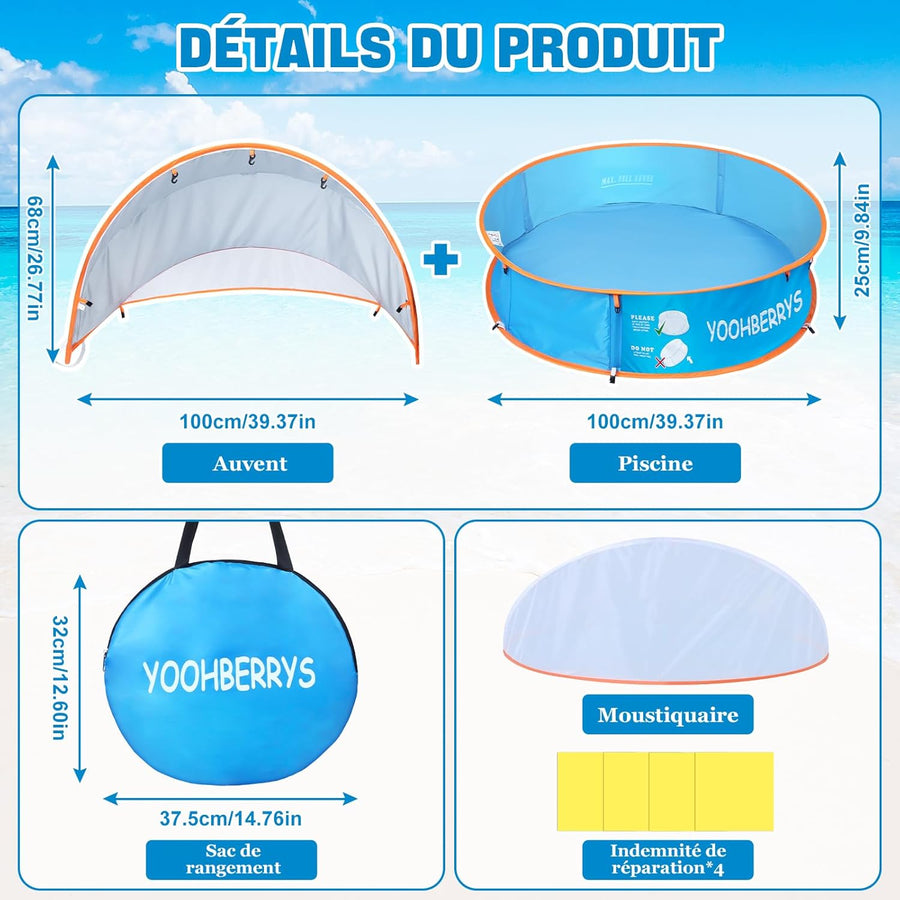 Piscine Bebe avec Pare Soleil 4 en 1, Tente Anti UV Bébé FPS 50+, Tente de Plage Bebe avec Moustiquaire, Pop-Up Piscine de Plage, Petite Piscine Bebe pour Pique-Nique, Jardin
