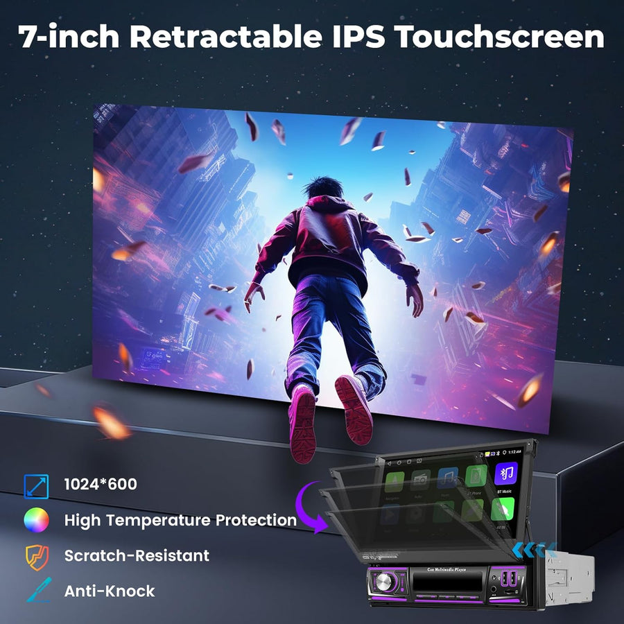 Autoradio 1DIN 4G+64G Android 15 avec écran Rétractable de 7 Pouces, écran Tactile IPS avec CarPlay sans Fil Android Auto GPS WiFi AI DSP FM/RDS Radio USB BT Caméra de Recul + MIC
