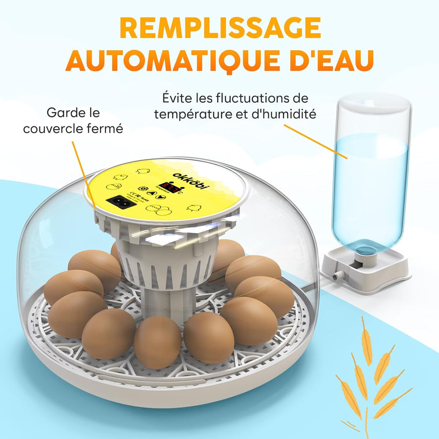 Couveuse Oeuf Automatique - Contrôle Humidité, Réglage Température, Couveuse Automatique 12/24 œufs - Incubateur Auto - Vue 360°, facile à utiliser et nettoyer