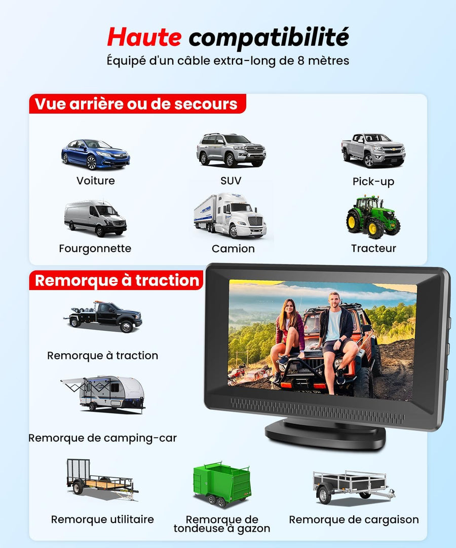 Camera de Recul avec 4.3 Pouces 1080p Moniteur Vision Nocturne Claire Image IPS