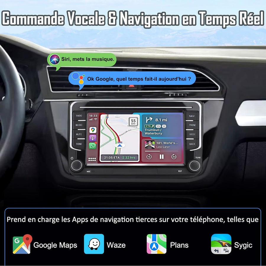 Autoradio 2DIN, 7" Radio Voiture pour VW Golf, Passat, Seat, Touran, Skoda, CarPlay & Android Auto, Commandes au Volant, Écran Tactile & Boutons Physiques, EQ, FM, GPS Navigation, MirrorLink