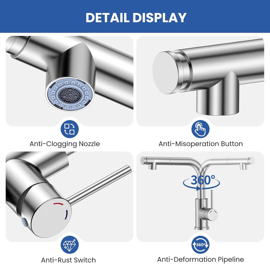 Mitigeur Robinet Cuisine - Robinetterie Evier Escamotable avec Douchette,Pivotant à 360,Deux Types de Jet d'eau,Acier Inoxydable,Forme en L Monolevier pour 1 Trou,Hauteur 27,3 cm NICKEL