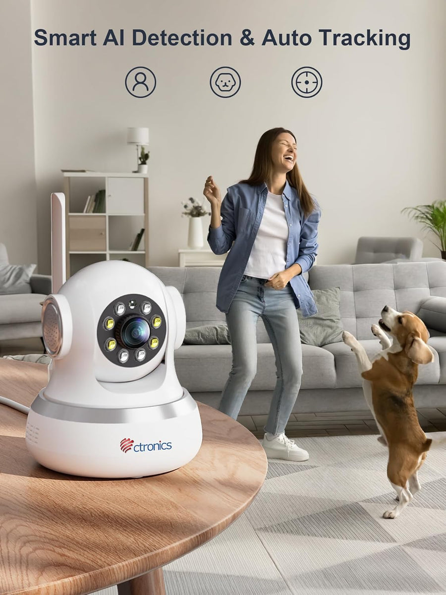 Ctronics 4K Caméra Intérieure, 5G/2,4Hz Wi-FI, Suivi Automatique, Vision Nocturne Couleur, Alarme Sonore et Lumineuse, 8 Positions Préconfigurées, App & PC, Cloud/256GB TF/FTP