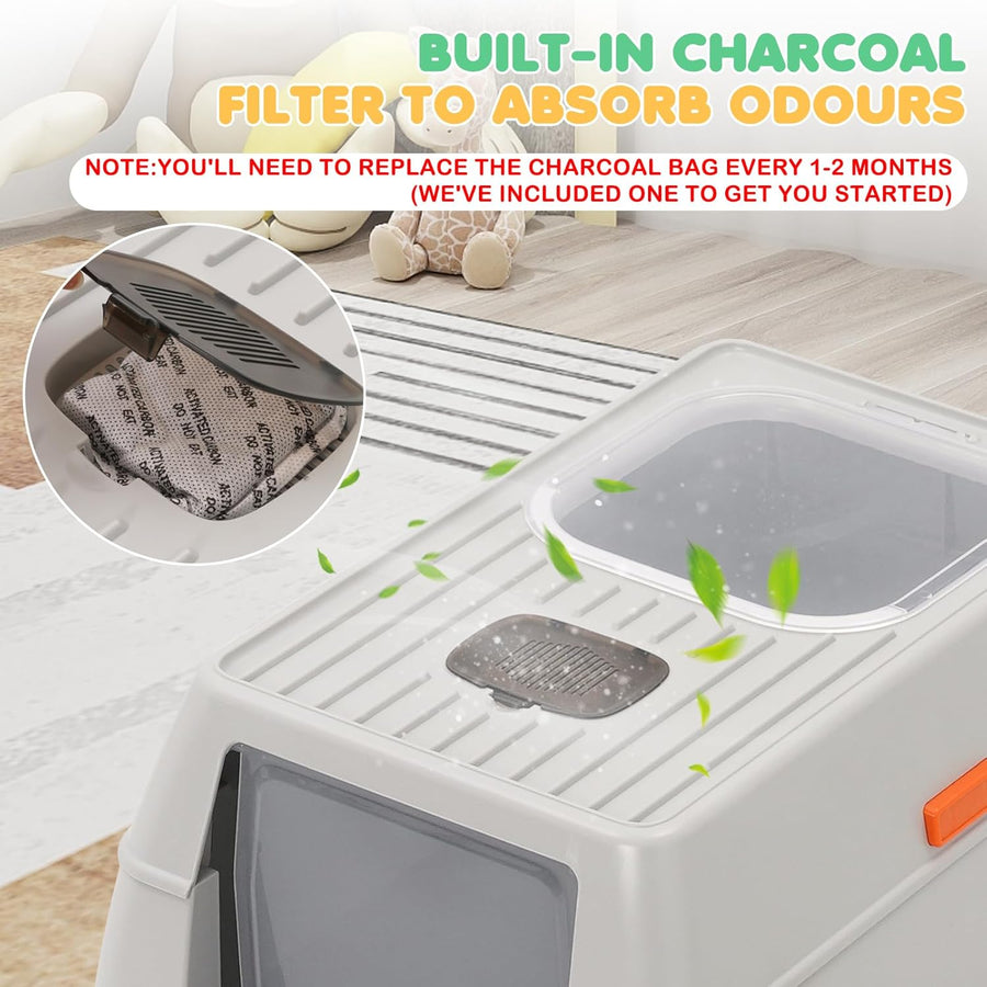 Bac à Litière pour Chat en Acier Inoxydable,Bac à Litière Fermé pour Chat avec Pelle et Pédale,Litière Haute en avec Couvercle,Caisse Litiere pour Chats avec Double Entrée Plateau Amovible
