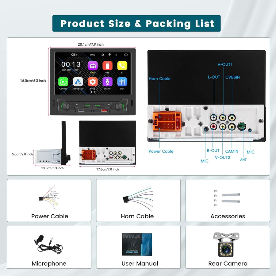 Autoradio 1 Din CarPlay avec Écran Tactile de 8 Pouces, Radio 1DIN avec Carplay Android Auto sans Fil FM AM Dual-USB SWC Mirror Link avec Caméra de Recul + MIC