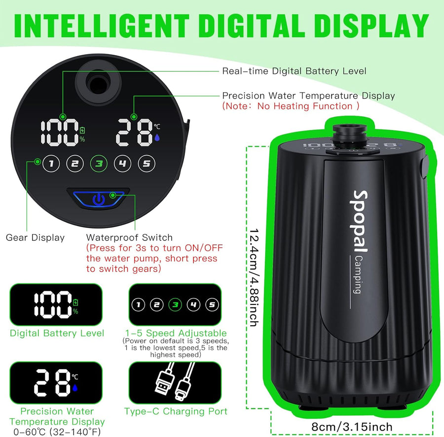 Kit Douche de Camping,Douche Camping, Rechargeable, avec Afficheur Intelligent et 5 Vitesses Réglables pour Extérieure,Camping,Voyage