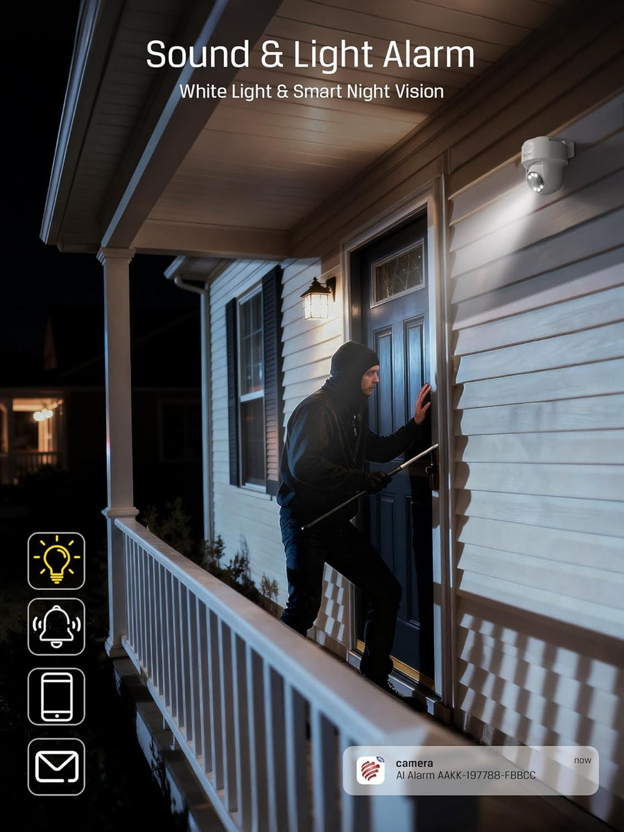 Caméra de Surveillance 4MP Double Objectif, Zoom Hybride 10×, Détection IA Personnes/Véhicules, Vision Nocturne Couleur & Infrarouge 30m, WiFi Double Bande, Étanche IP66, Accès à Distance