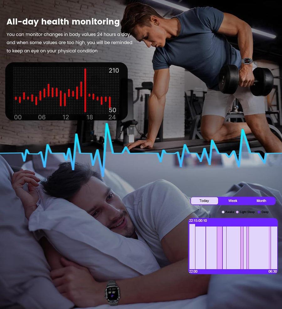 Montre Connectée Homme 2.01'' HD Smartwatch Militaire avec Appels Bluetooth Torche LED 650mAh 150+ Mode Sportifs Surveiller Cardio Podometre Sommeil, Fitness Tracker pour iOS Android