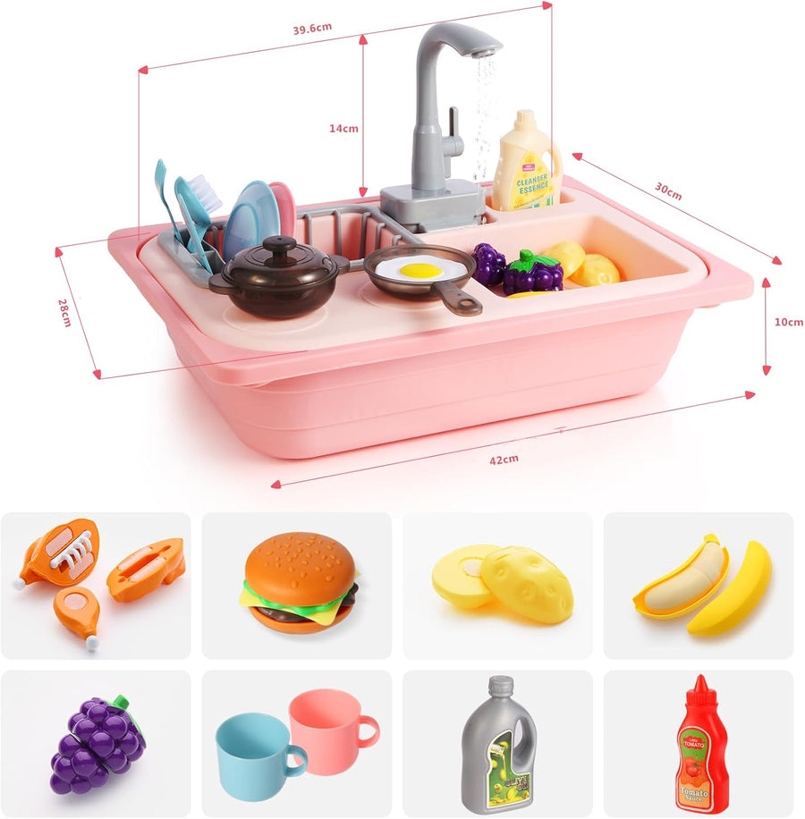 Jouets d'Évier De Cuisine avec Eau Courante, Couleurs Changeantes Vaisselle, Recyclage de l'eau ROSE
